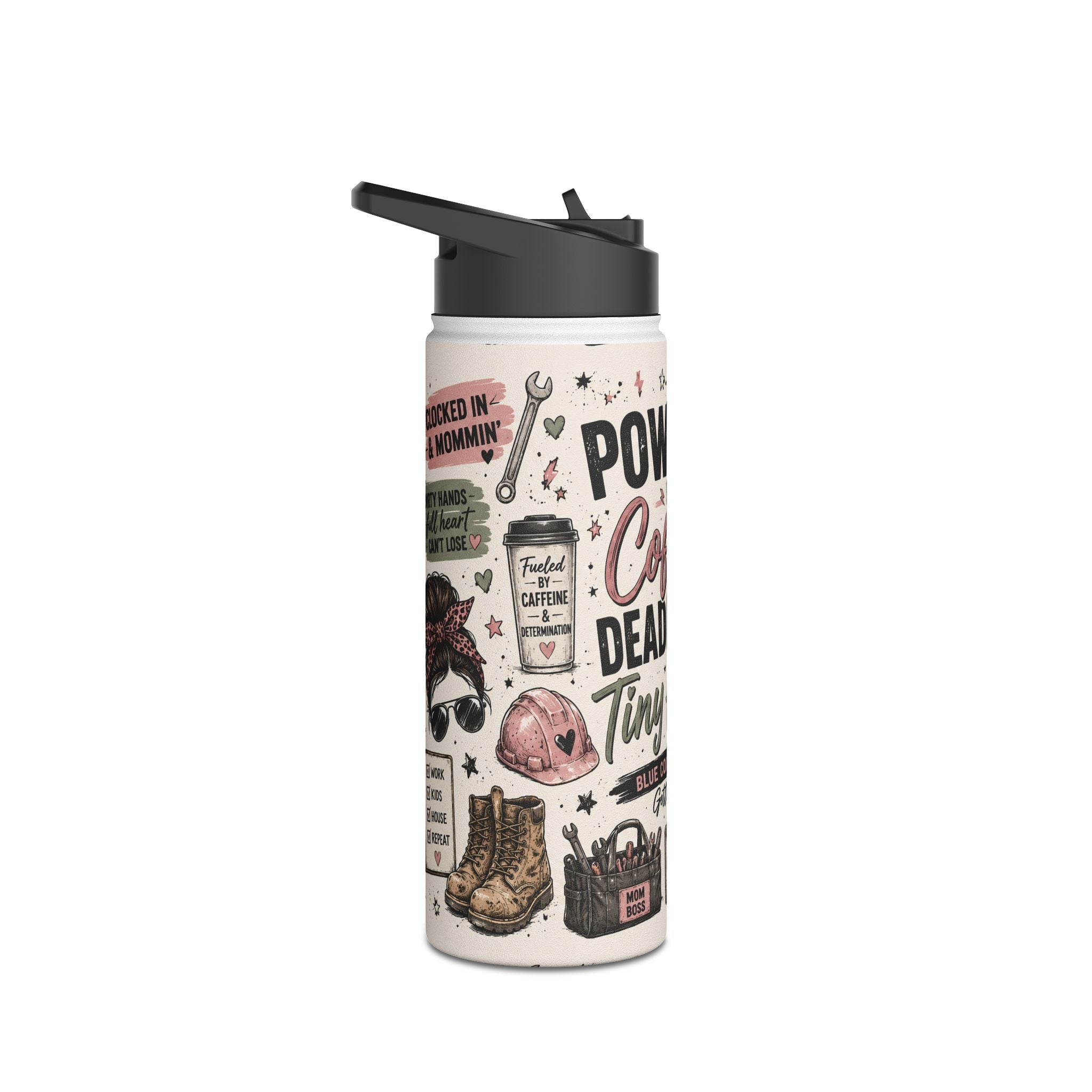 Caffeine-Fueled Blue Collar Mom Stainless Steel Water Bottle — “Powered by Caffeine, Deadlines & Tiny Humans”