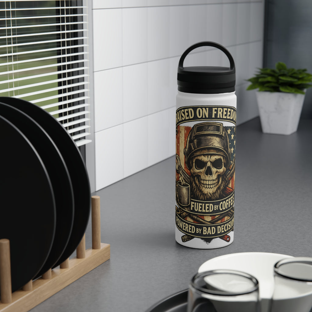Skull & Flag Stainless Steel Water Bottle — "Raised on Freedom, Fueled by Coffee" Outdoor Travel Bottle
