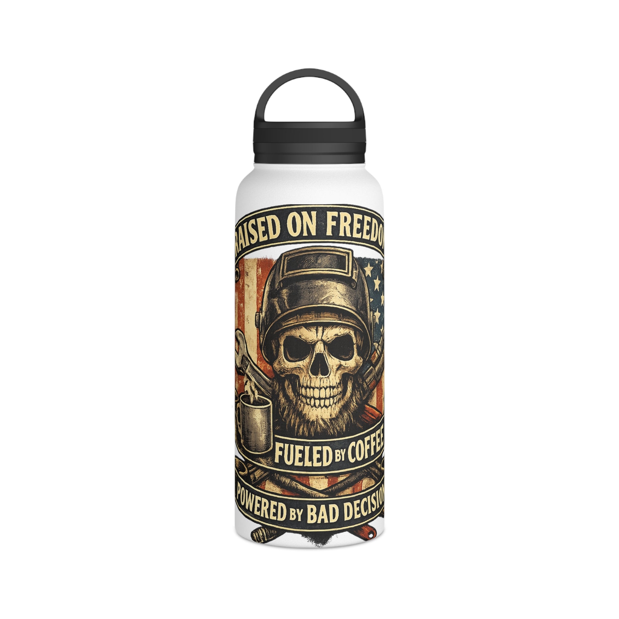 Skull & Flag Stainless Steel Water Bottle — "Raised on Freedom, Fueled by Coffee" Outdoor Travel Bottle