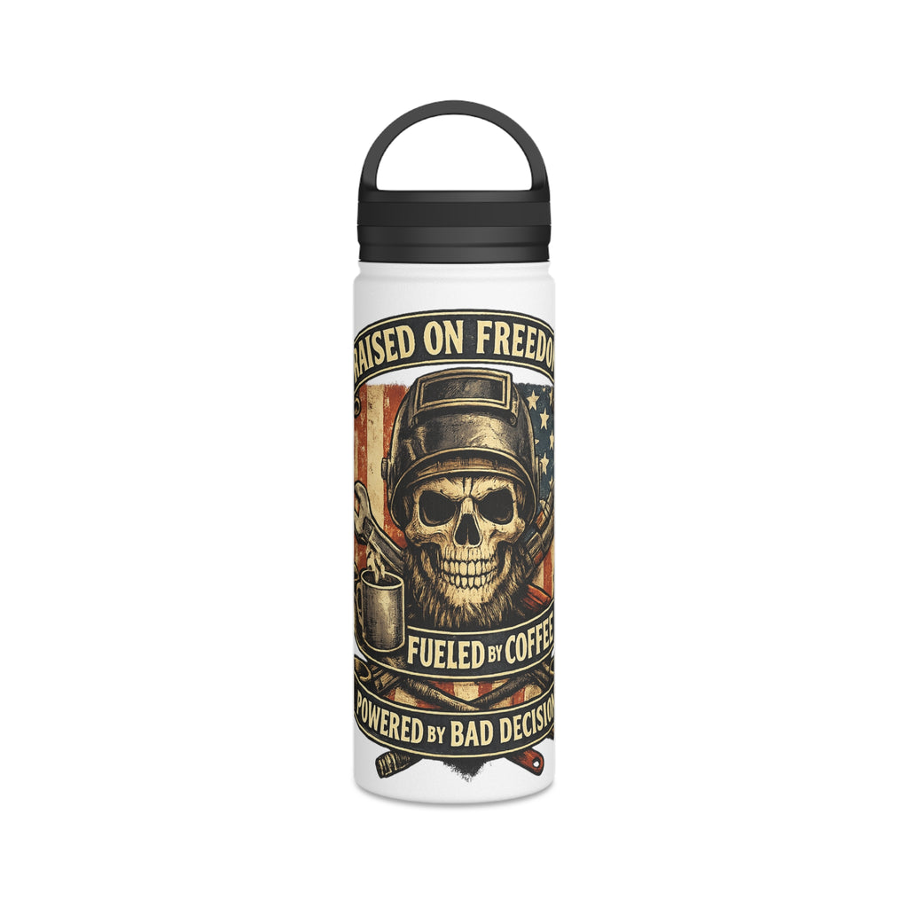 Skull & Flag Stainless Steel Water Bottle — "Raised on Freedom, Fueled by Coffee" Outdoor Travel Bottle