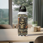 Skull & Flag Stainless Steel Water Bottle — "Raised on Freedom, Fueled by Coffee" Outdoor Travel Bottle