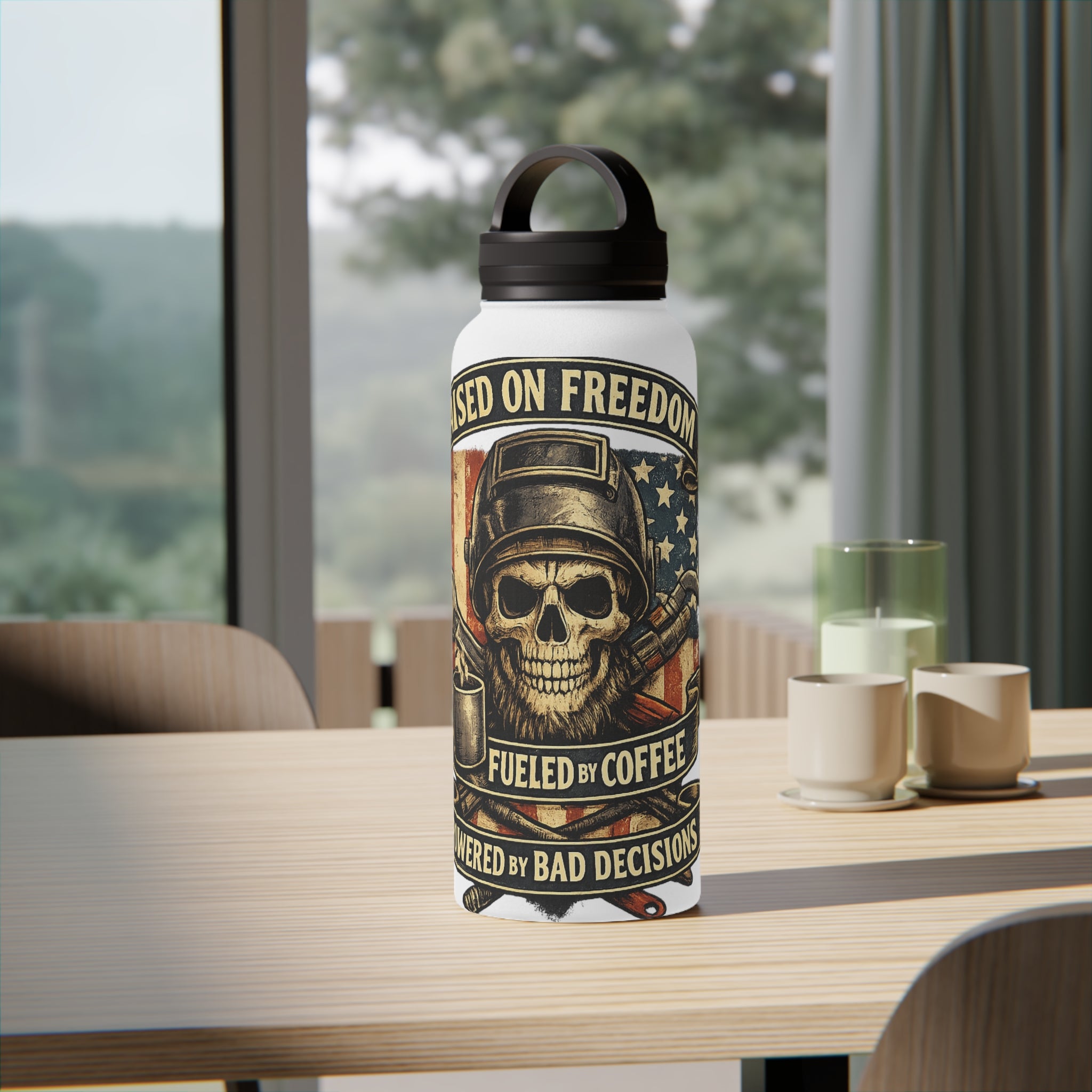 Skull & Flag Stainless Steel Water Bottle — "Raised on Freedom, Fueled by Coffee" Outdoor Travel Bottle