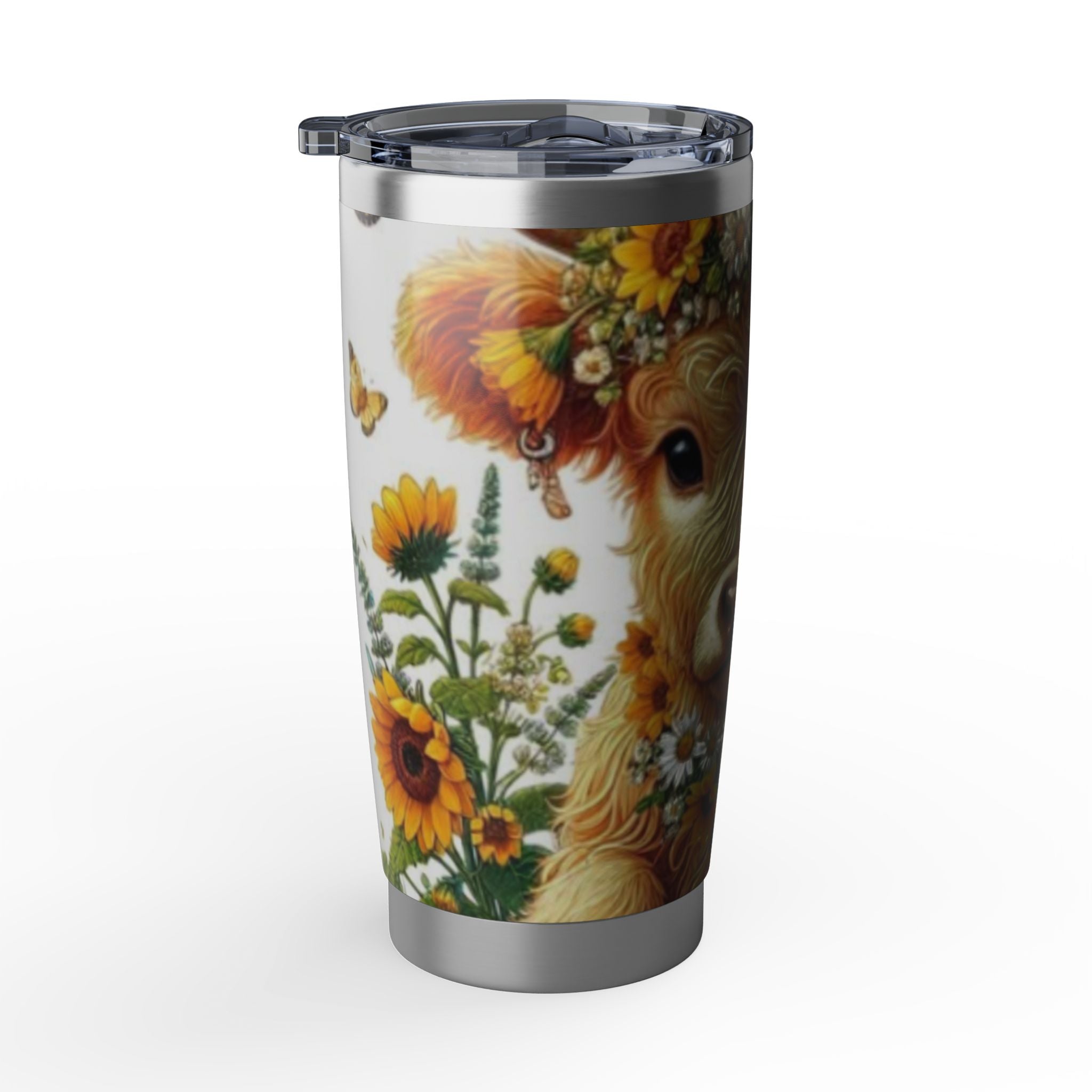 Cow Floral 20oz Tumbler — Sunflower Highland Cow Travel Mug by Printify