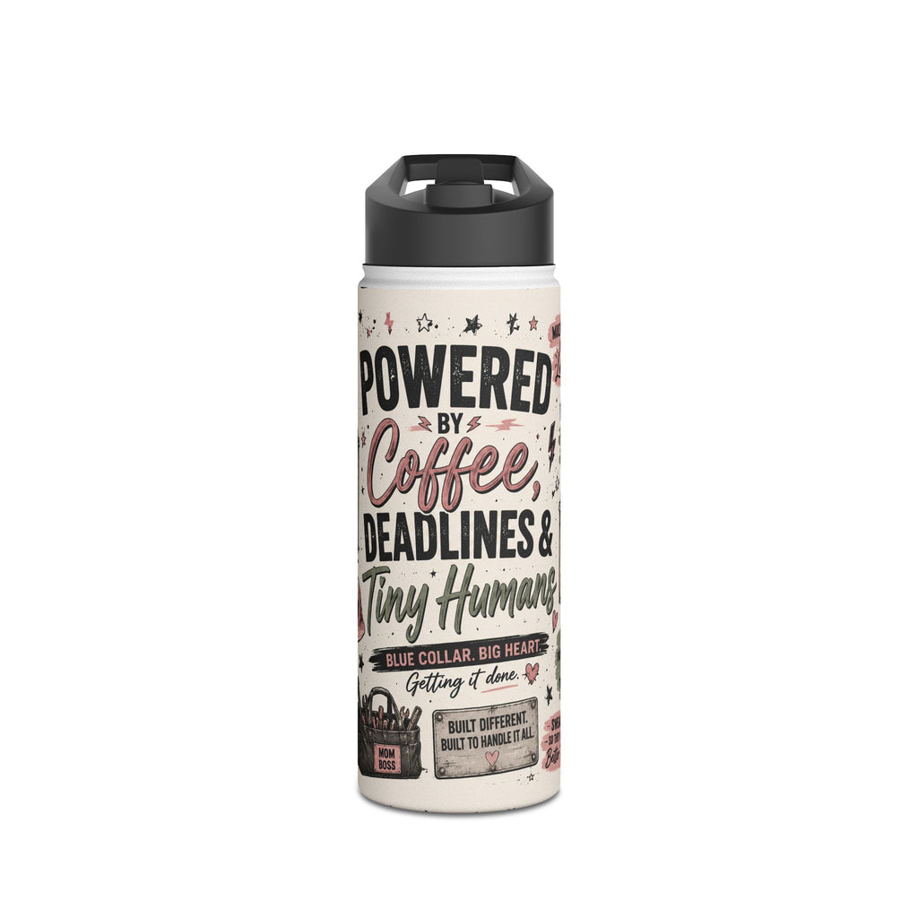 Caffeine-Fueled Blue Collar Mom Stainless Steel Water Bottle — “Powered by Caffeine, Deadlines & Tiny Humans”