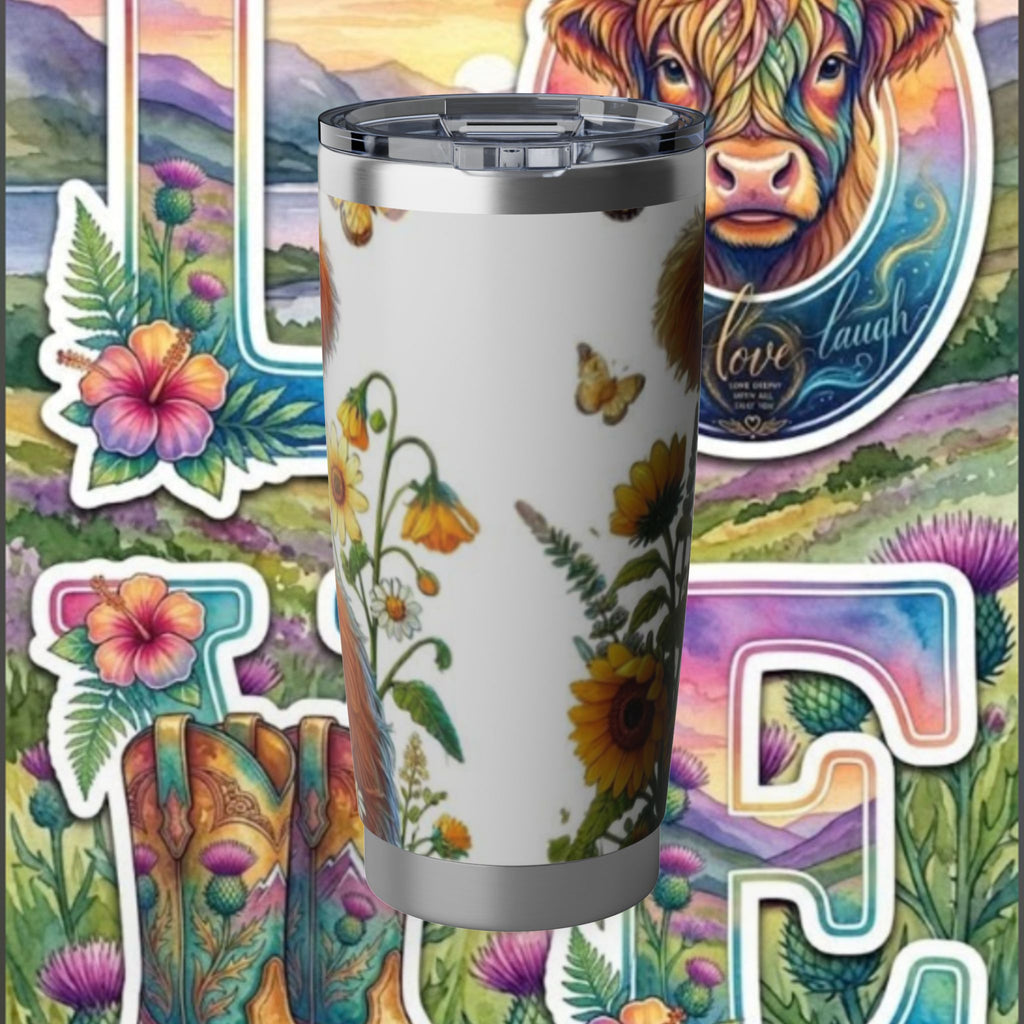 Cow Floral 20oz Tumbler — Sunflower Highland Cow Travel Mug by Printify